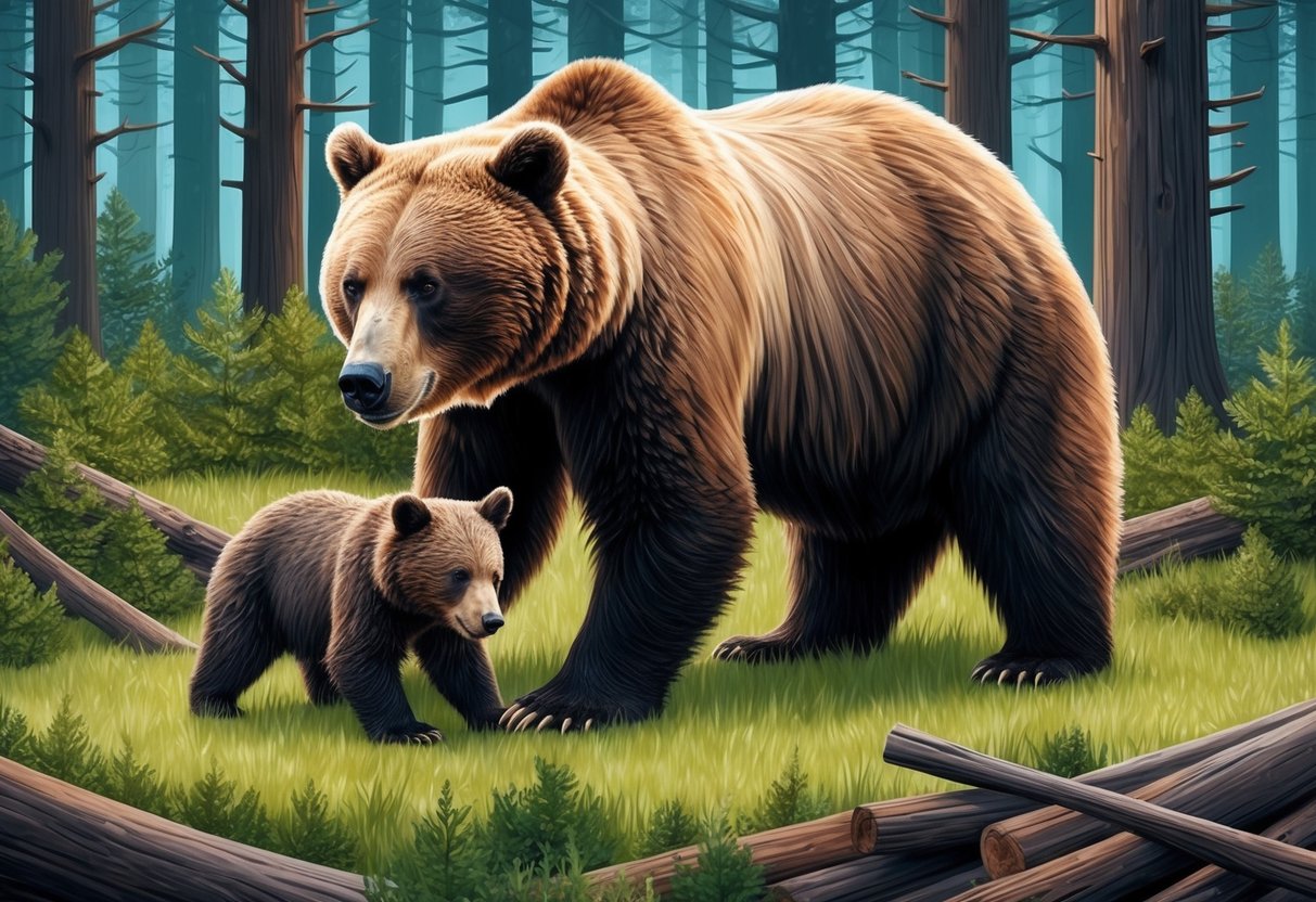 A bear mother and cub forage in a shrinking forest, facing threats to their reproduction and survival