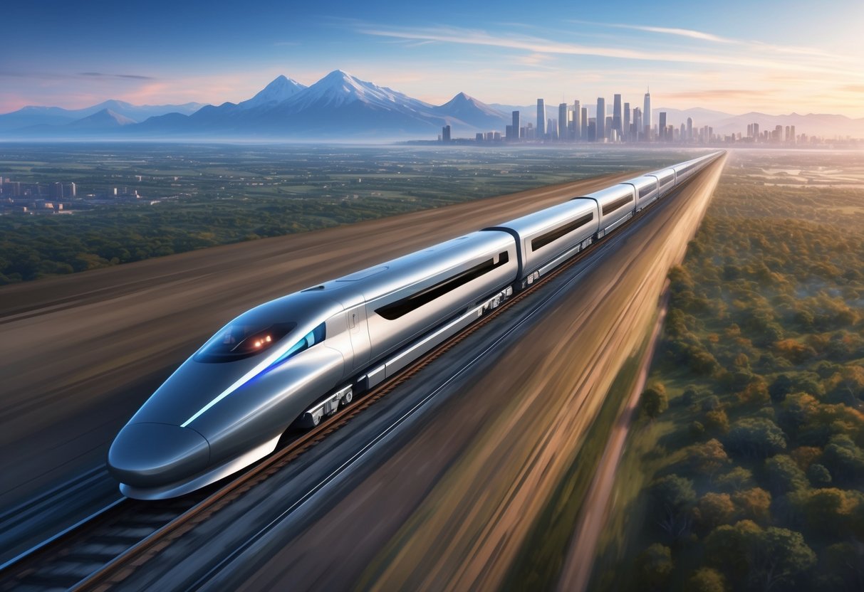 A sleek, futuristic bullet train speeds across a vast American landscape, with mountains and city skylines in the distance