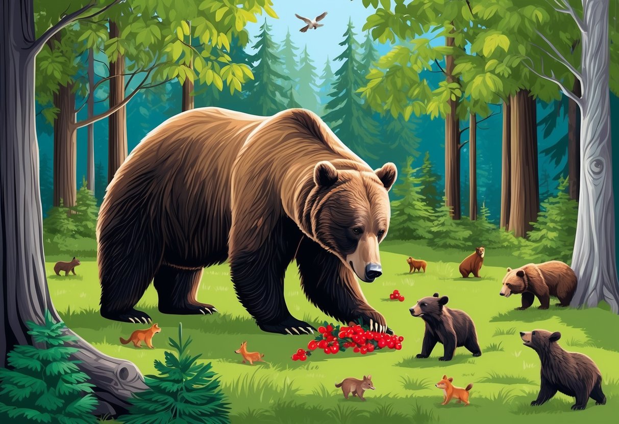 A bear forages for berries in a lush forest, while smaller animals scatter around, illustrating the role of bears in maintaining biodiversity in ecosystems