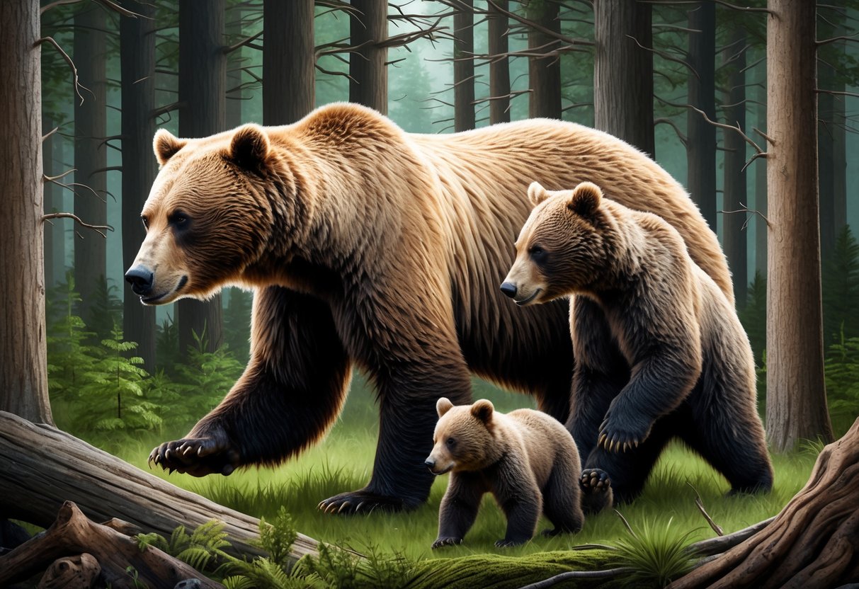 A mother bear and her cubs navigate through a dense forest, facing obstacles like deforestation and human encroachment