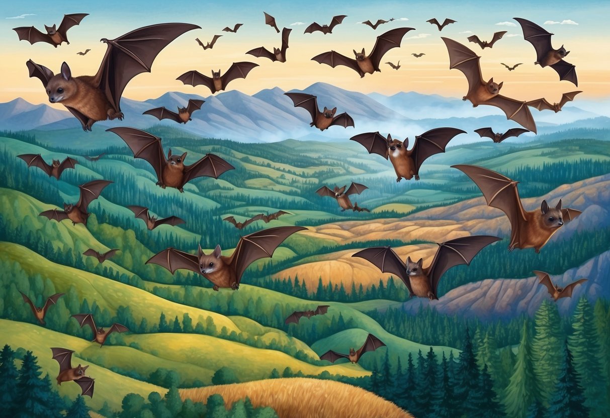 A colony of bats flying across a diverse landscape, showing their migration and adaptation over time