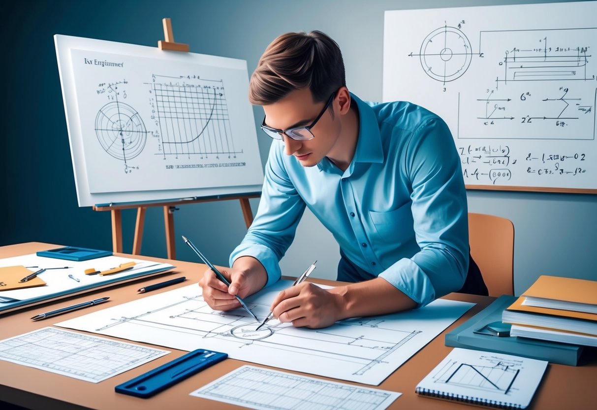 An engineer at a drafting table, surrounded by technical drawings and equations, using a ruler and compass to create precise diagrams