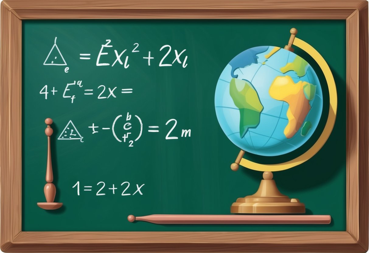 A chalkboard with equations, a globe, and a pendulum