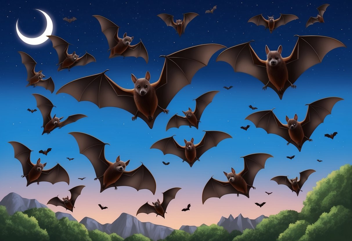 A colony of bats foraging for food in the night sky