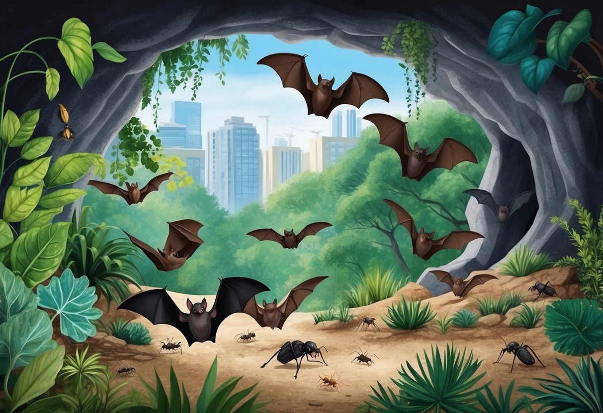 A bat colony roosts in a cave, surrounded by diverse plant life and insects.</p><p>Human structures loom in the distance, hinting at the impact of urbanization on their habitat