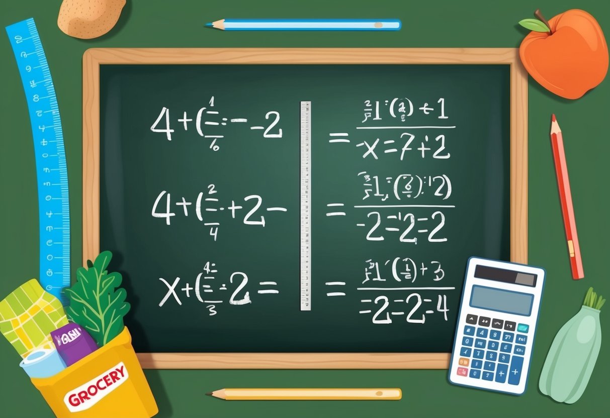 A chalkboard with iconic math equations surrounded by everyday objects like a ruler, calculator, and grocery items