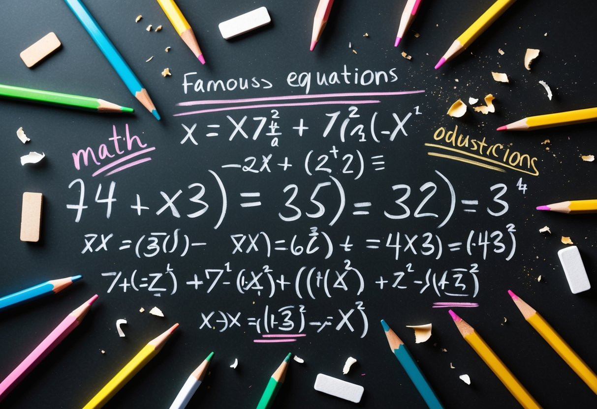 A blackboard covered in famous math equations surrounded by scattered pencils and eraser shavings