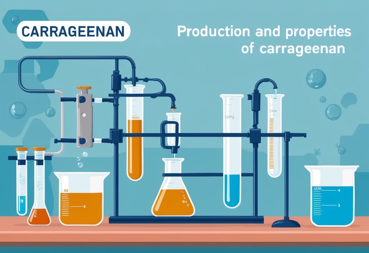 A laboratory setting with beakers, test tubes, and scientific equipment, showcasing the production and properties of carrageenan