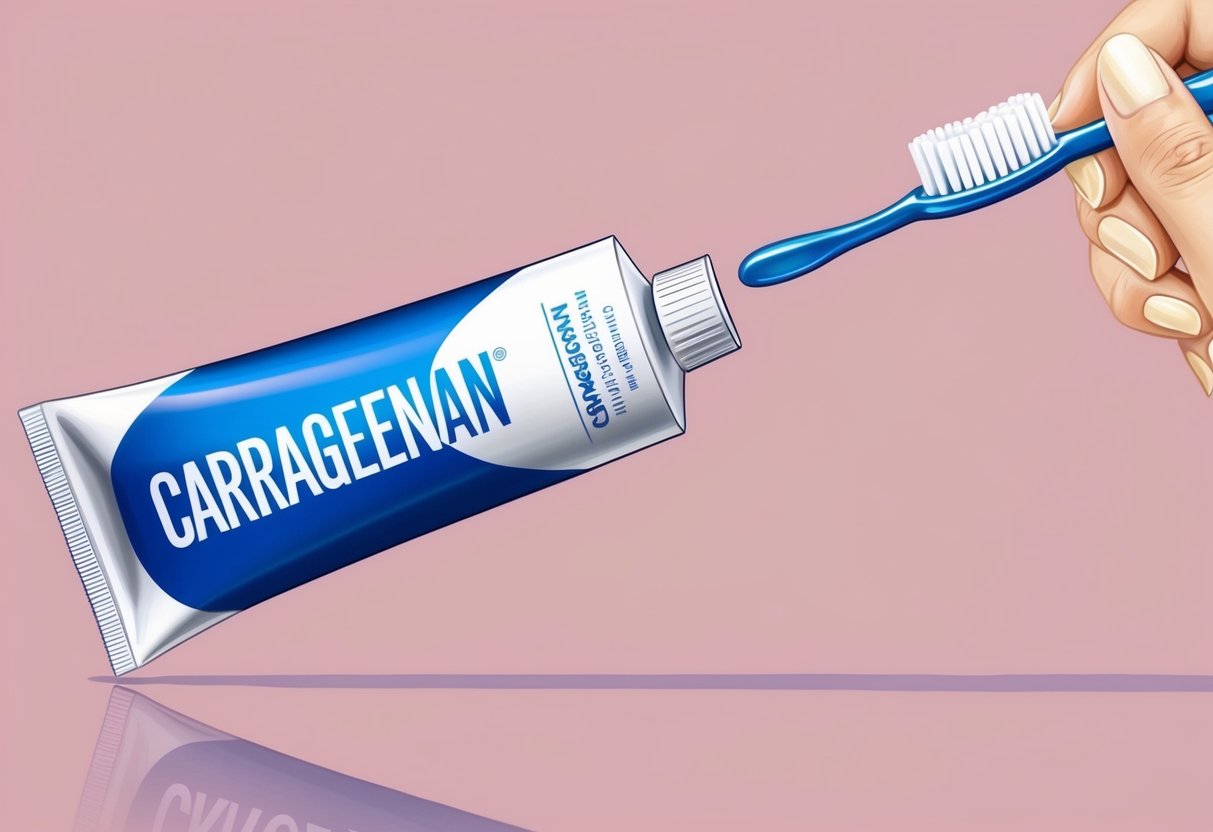 A tube of toothpaste being squeezed onto a toothbrush, with the label "Carrageenan" prominently displayed on the packaging