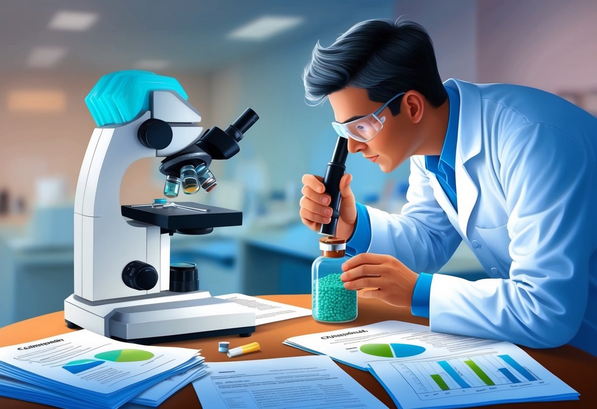 A scientist examines a vial of carrageenan under a microscope, surrounded by research papers and regulatory documents