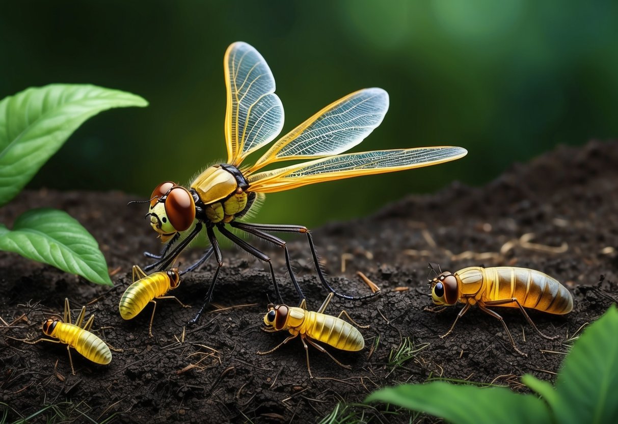 A firefly lays eggs in damp soil, which hatch into larvae that feed on small insects.</p><p>After several weeks, the larvae pupate and emerge as glowing adult fireflies