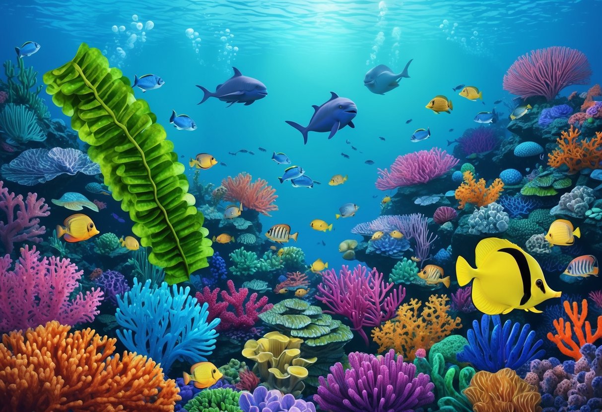 A lush underwater scene with vibrant coral reefs and diverse marine life, including seaweed containing carrageenan, highlighting environmental impact and sustainability