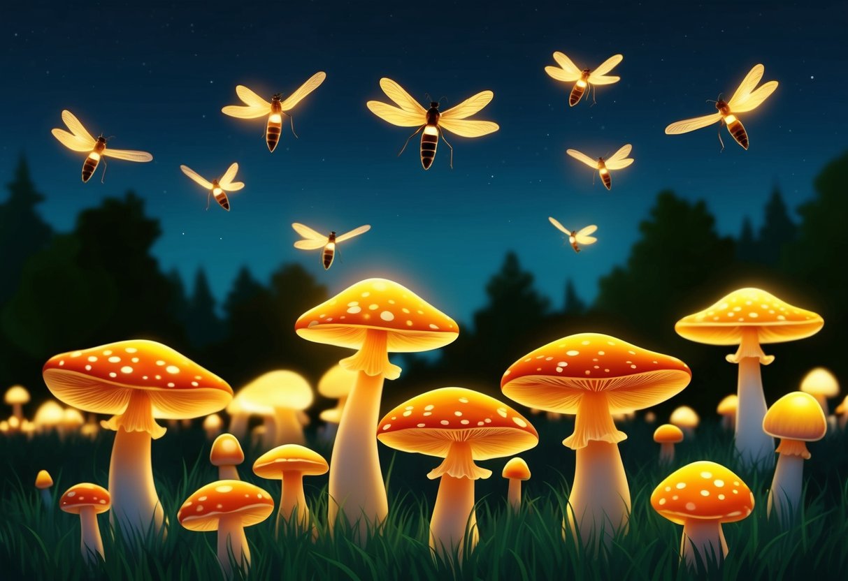 A group of fireflies hovers above a field of glowing mushrooms, illuminating the night with their bioluminescent glow