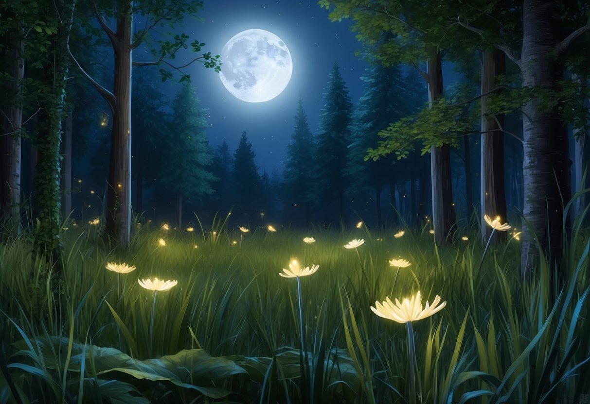 A moonlit forest clearing with fireflies flickering among tall grass and trees, their soft glow creating a magical atmosphere