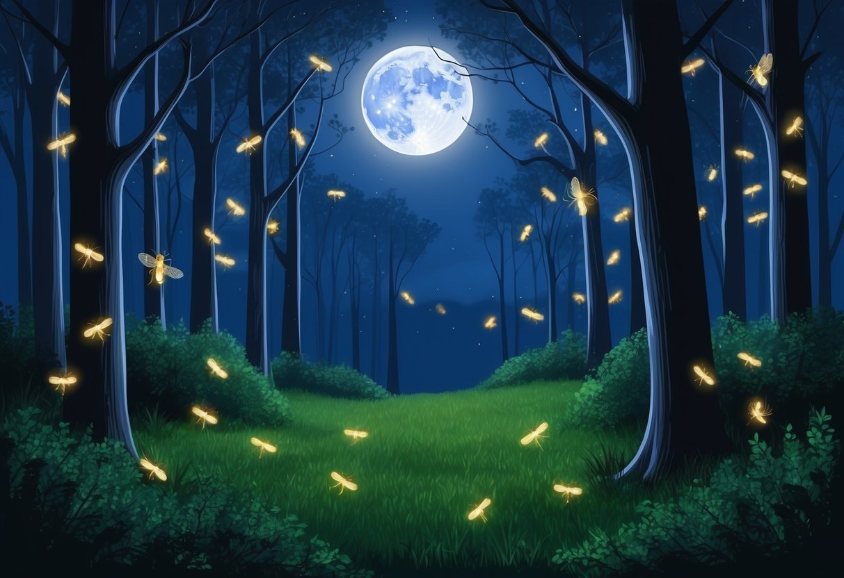 A moonlit forest glows with fireflies dancing among the trees, their twinkling lights illuminating the darkness