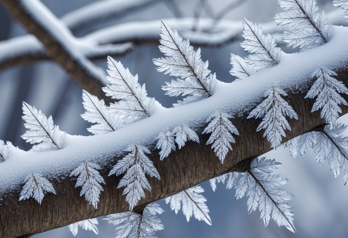 A tree branch covered in snow, with intricate fractal patterns formed by the ice crystals