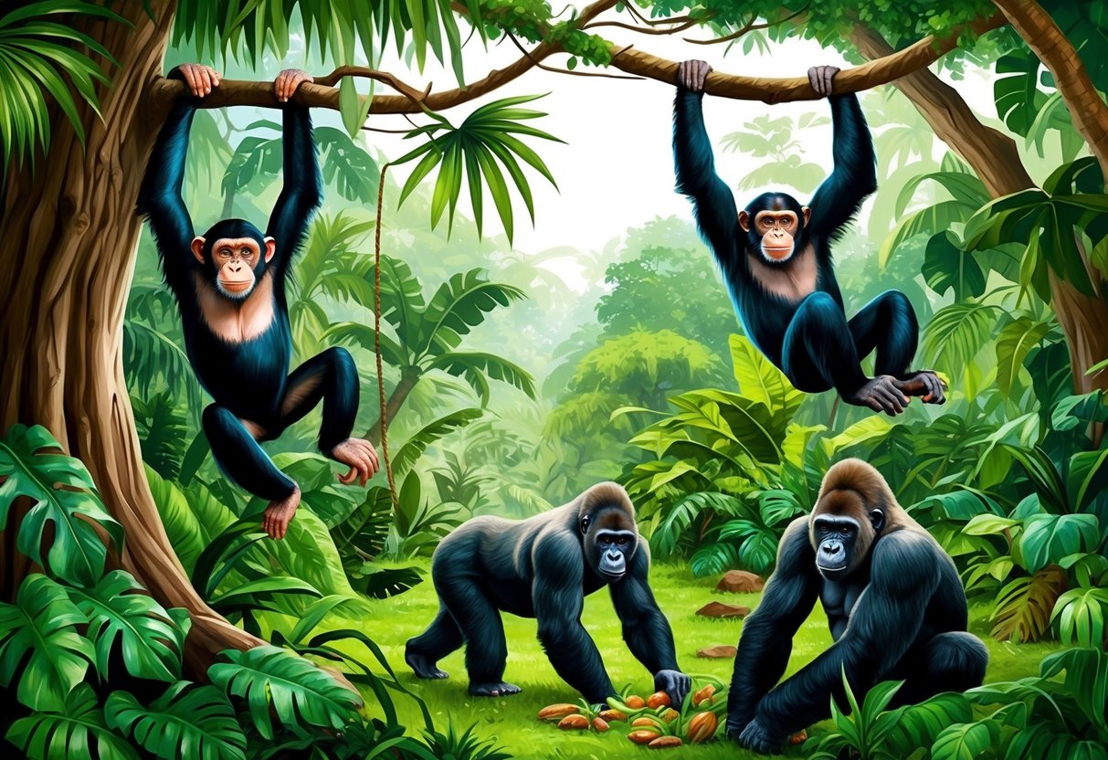 A lush jungle with chimps swinging from trees and gorillas foraging on the forest floor