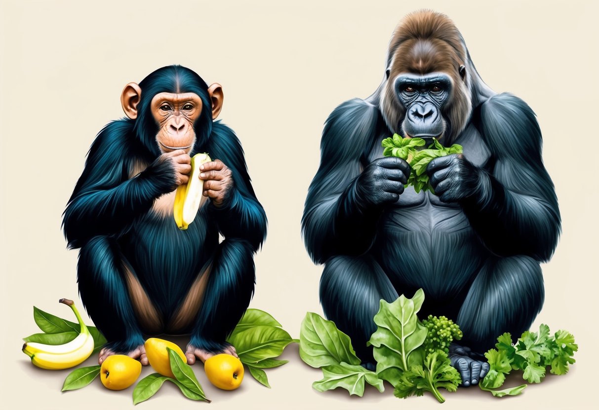 A chimp and a gorilla sit side by side, each holding their preferred diet of fruits and leaves.</p><p>The chimp delicately peels a banana, while the gorilla munches on a handful of leafy greens