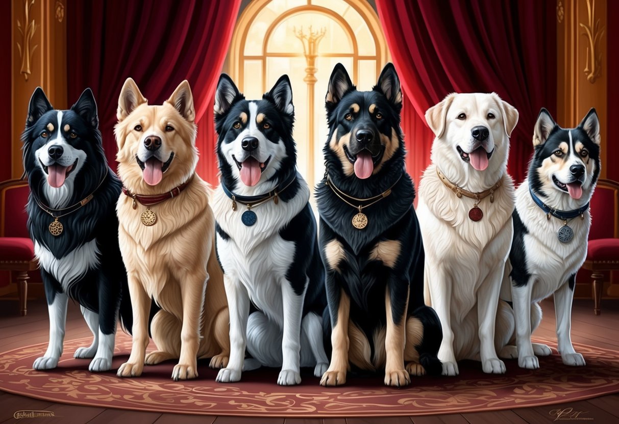 A pack of noble dogs, each representing a different Game of Thrones house, stand proudly in a regal setting