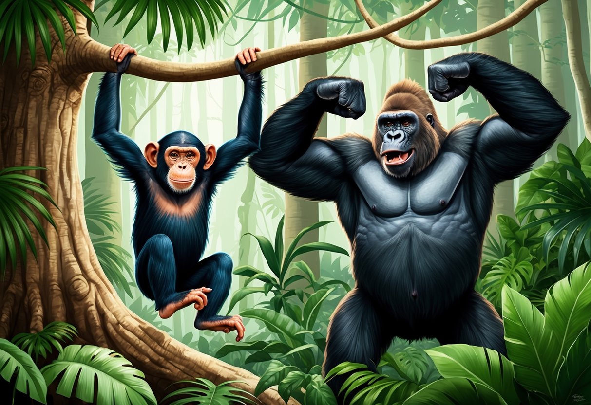 A chimp swings from tree to tree, while a gorilla beats its chest in the dense jungle