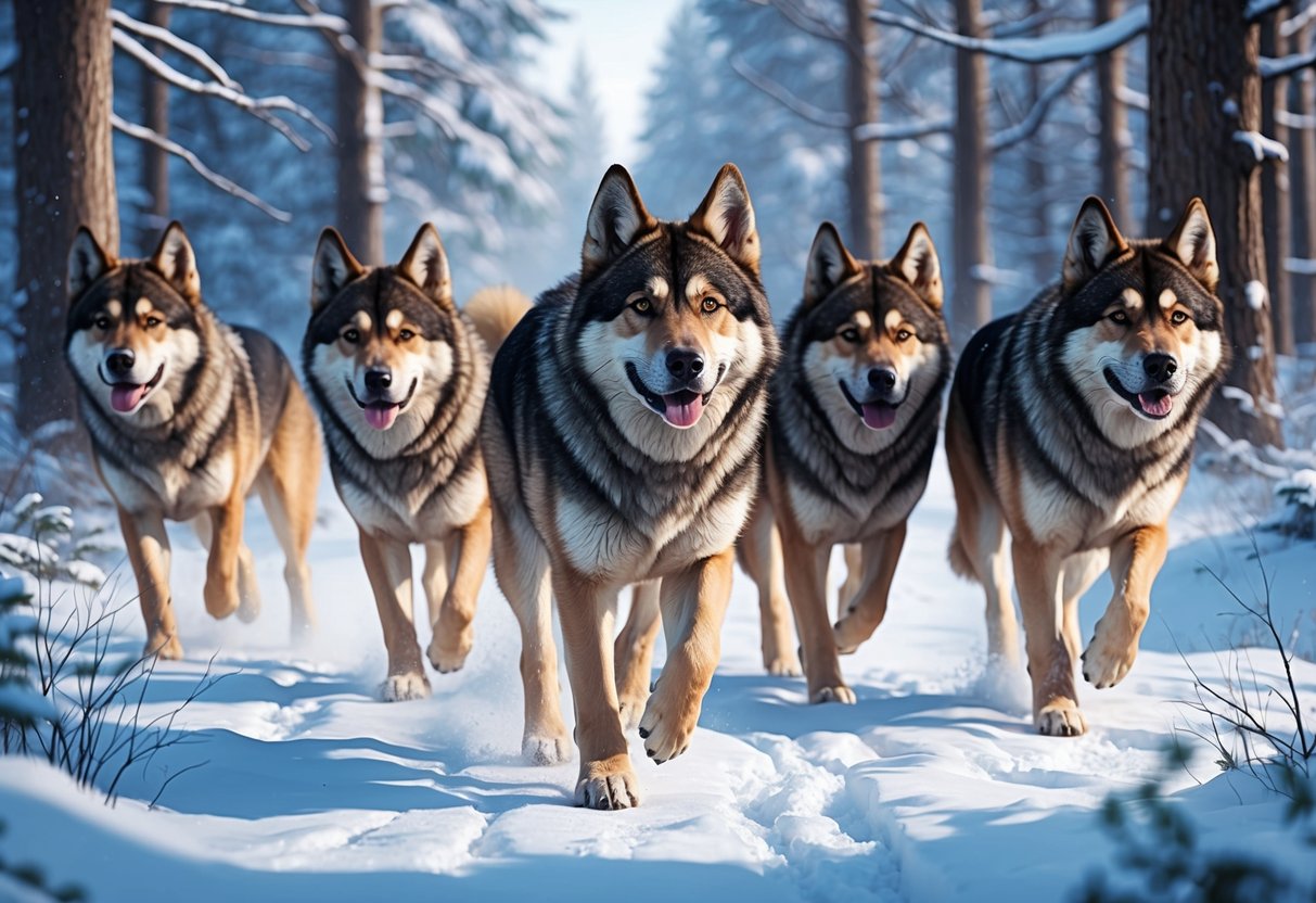 A pack of large, powerful dogs with thick fur and pointed ears roam through a snowy forest, their piercing eyes scanning the surroundings