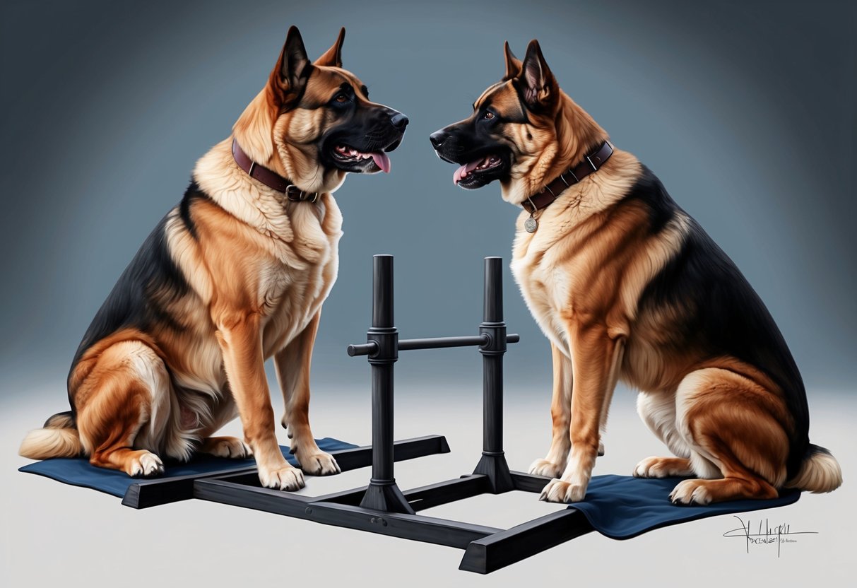 Two large, powerful dogs engage in a training exercise, displaying disciplined behavior reminiscent of the noble and regal nature of the Game of Thrones world