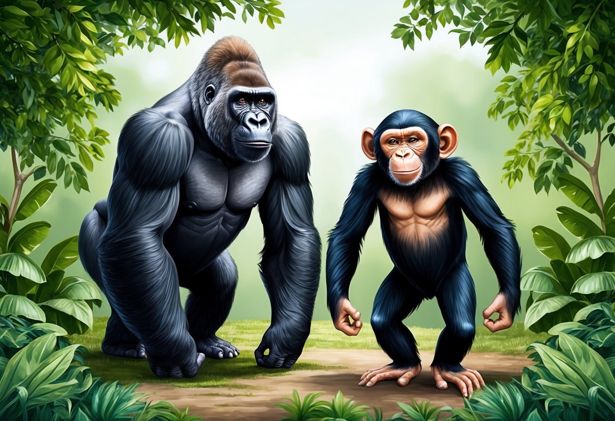 A gorilla and a chimp stand side by side, surrounded by lush greenery.</p><p>The gorilla's powerful presence contrasts with the chimp's playful energy