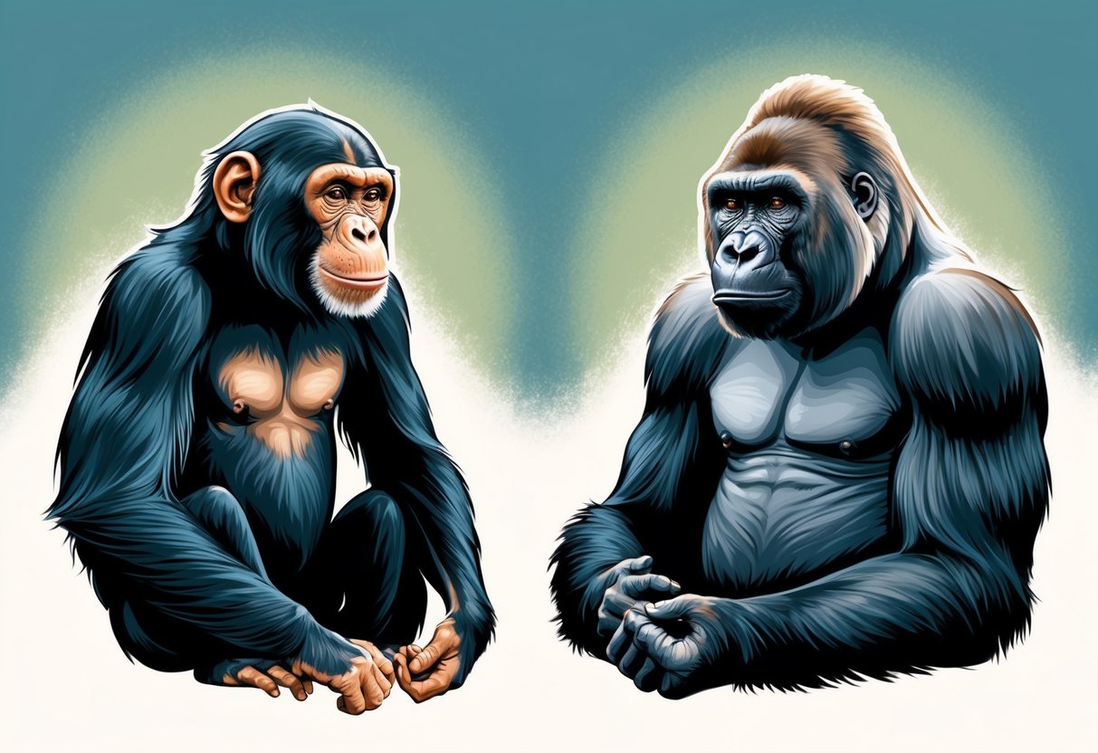 A chimp and a gorilla face off, their postures and facial expressions reflecting cultural perceptions of strength and intelligence