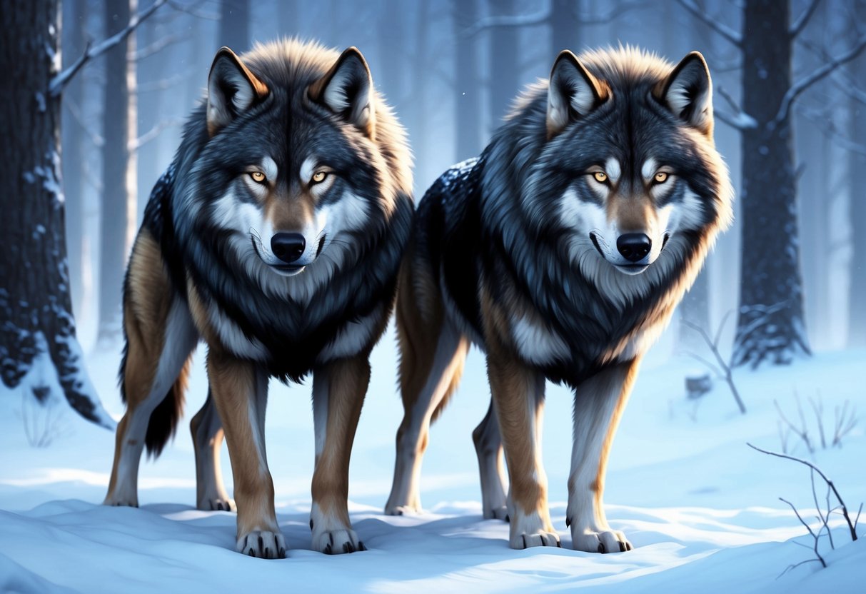 Two powerful direwolves, with thick fur and piercing eyes, stand side by side in a snowy forest, exuding an aura of strength and loyalty