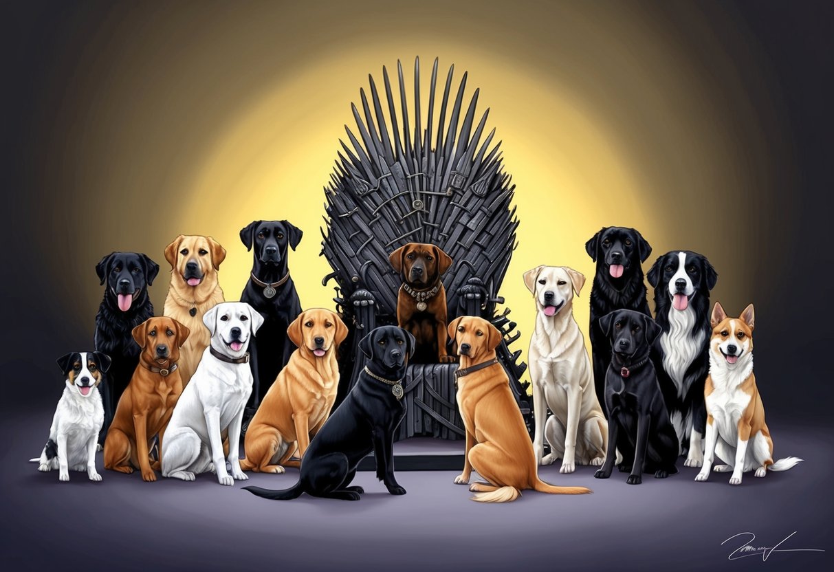 A pack of various dog breeds gather around a throne-like structure, each one representing a different house from the Game of Thrones series