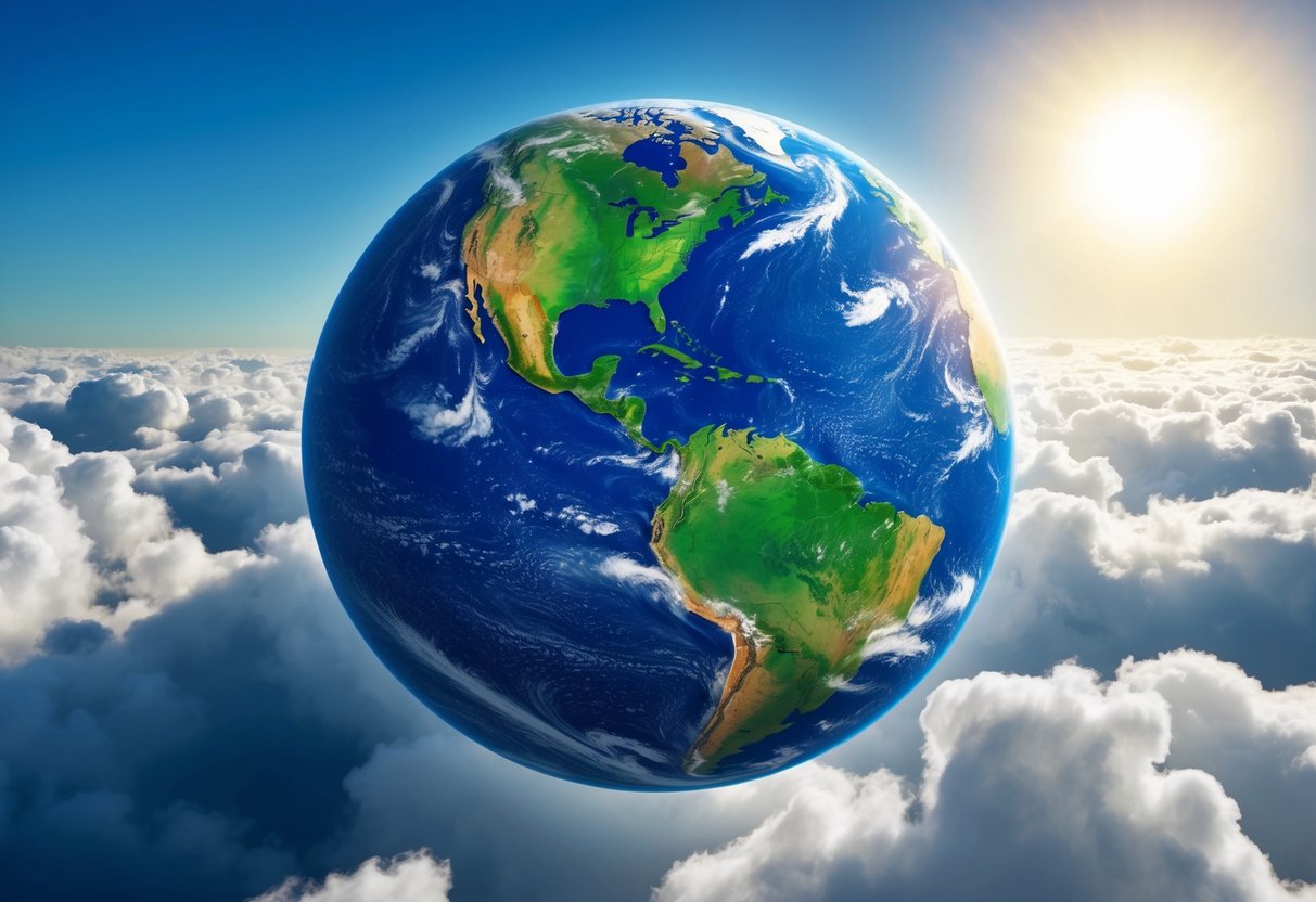 The Earth, with its blue oceans and green landmasses, is surrounded by a blanket of white clouds, while the sun shines brightly in the background