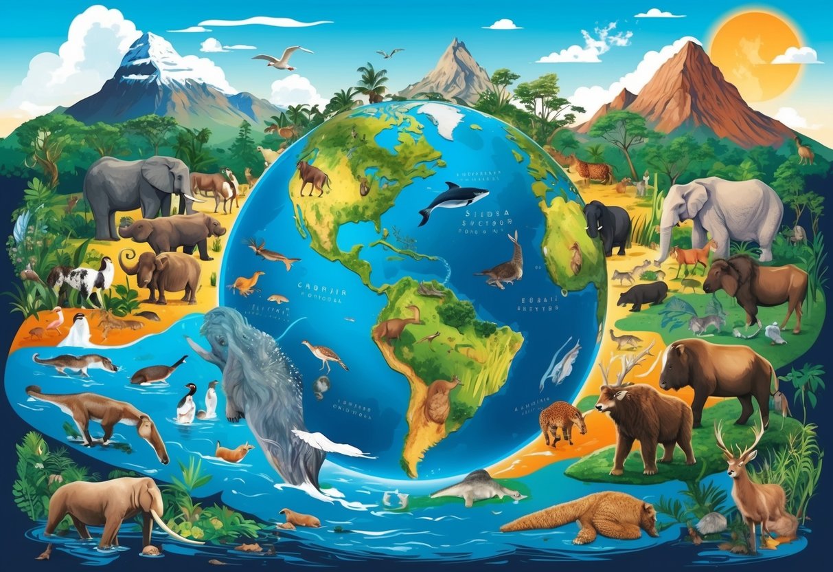 A colorful illustration of Earth with diverse ecosystems, animals, and natural landmarks