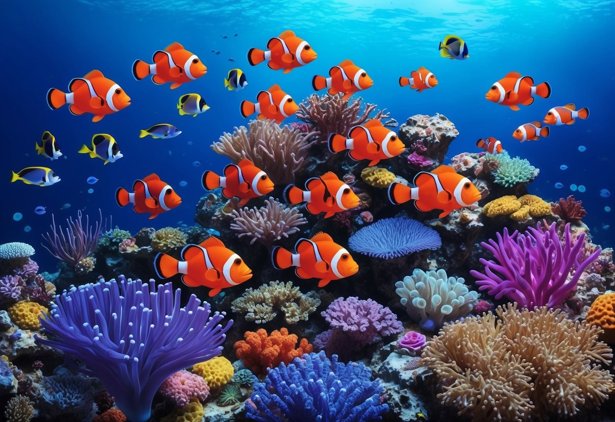 A vibrant coral reef with a school of clown fish swimming among colorful sea anemones and other marine life