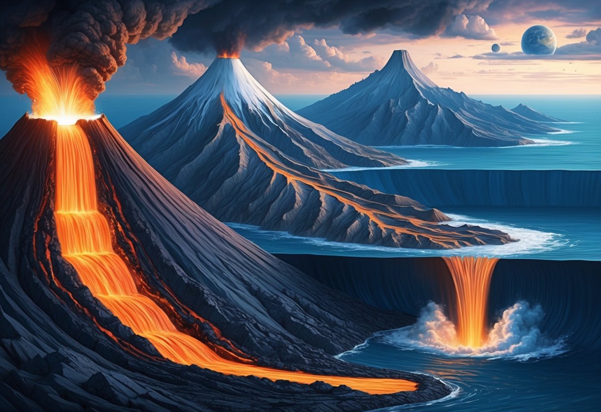 A volcano erupting with molten lava flowing down its slopes, while nearby tectonic plates shift and collide, creating mountain ranges and deep ocean trenches