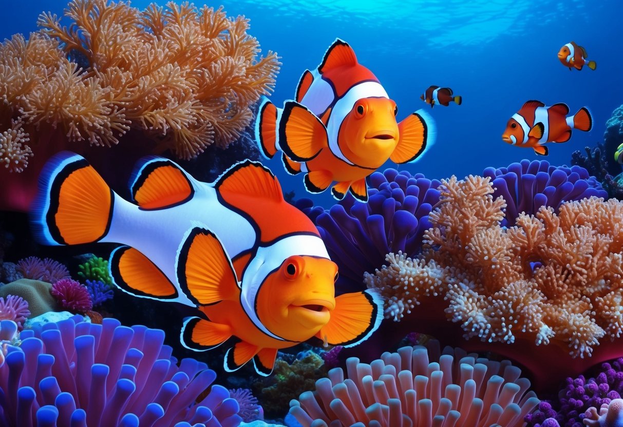 A vibrant coral reef with a pair of clown fish swimming among the colorful sea anemones