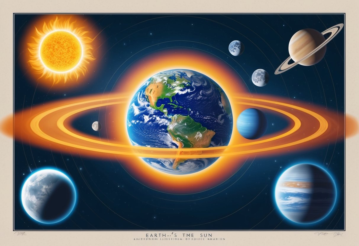 Earth orbits the sun, surrounded by the moon and other planets.</p><p>The atmosphere protects life from cosmic radiation