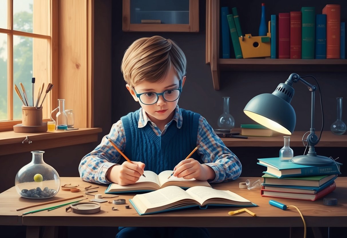 A young boy studies books and experiments in a small workshop