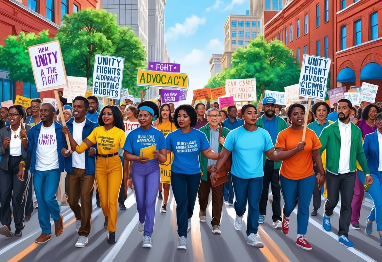 A diverse group of people marching together with signs and banners, symbolizing unity and the fight for advocacy and civil rights