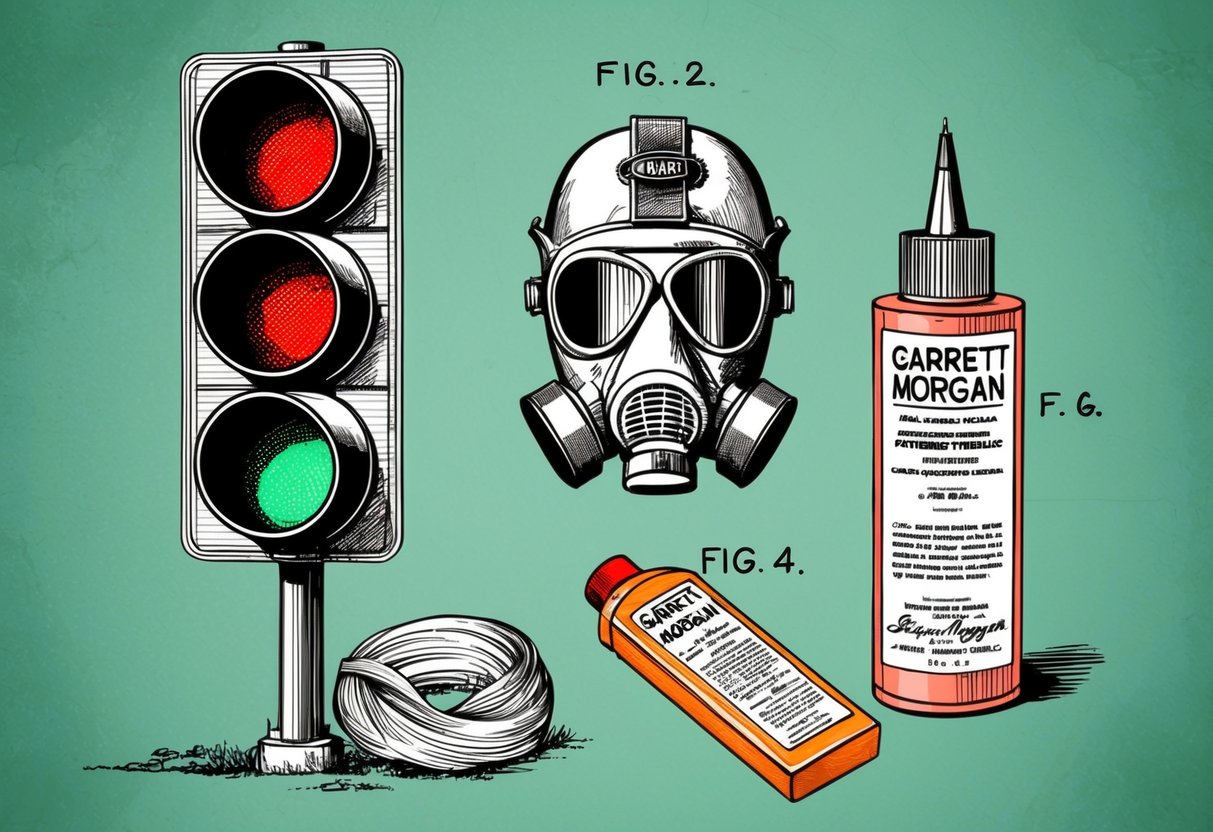 Garrett Morgan's patent drawings: traffic signal, gas mask, and hair straightening solution