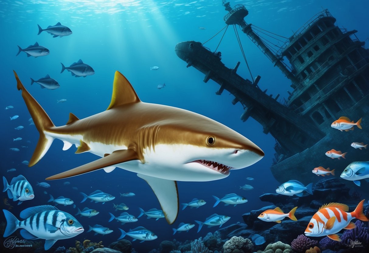 A goblin shark swimming near a sunken shipwreck, surrounded by schools of fish and other deep-sea creatures