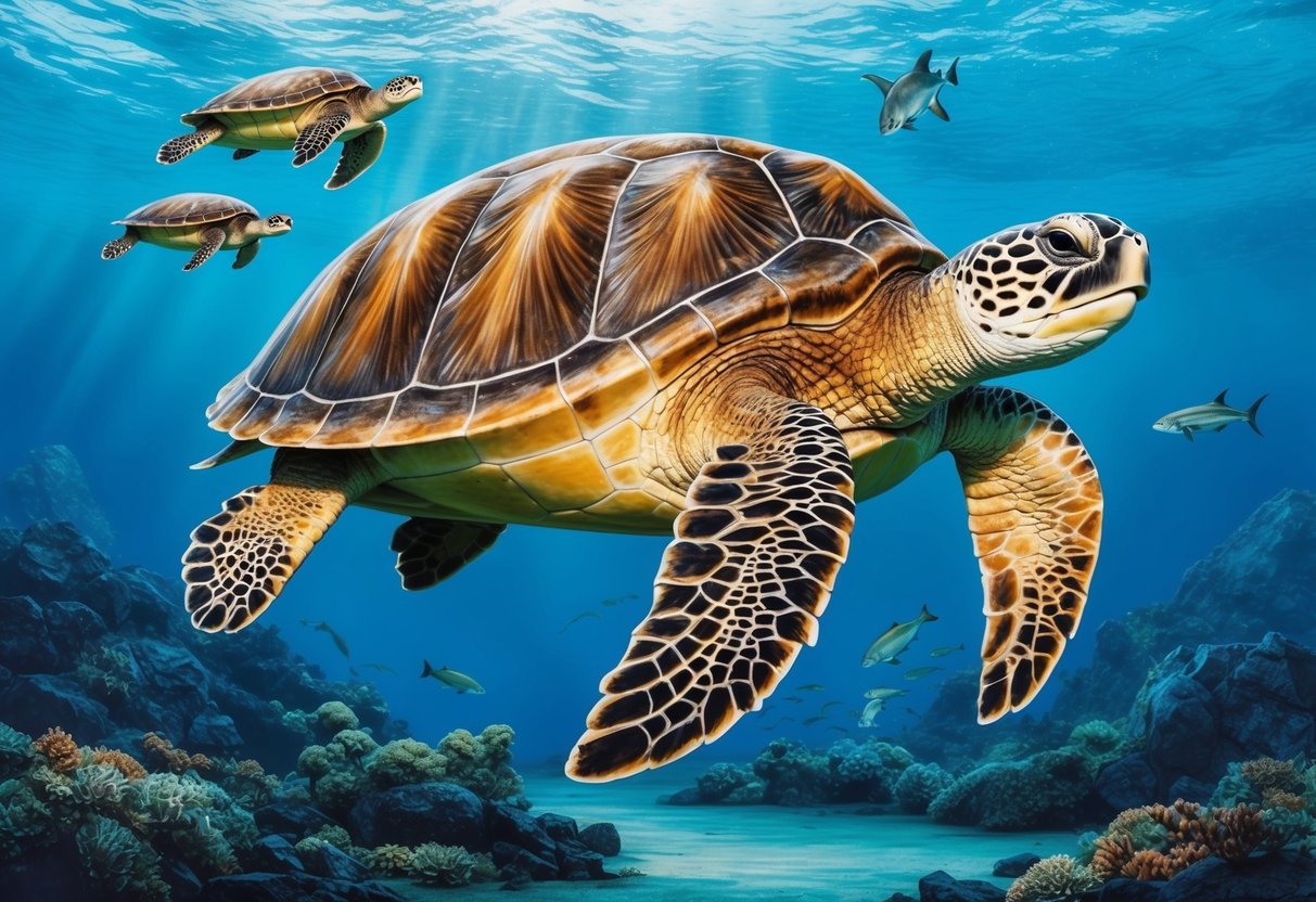 A giant sea turtle swims through prehistoric ocean waters, its ancient shell and powerful flippers marking its evolutionary history