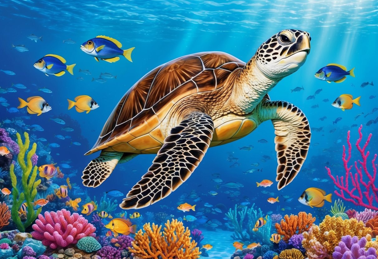 A giant sea turtle swimming through a vibrant coral reef, surrounded by colorful fish and waving sea plants