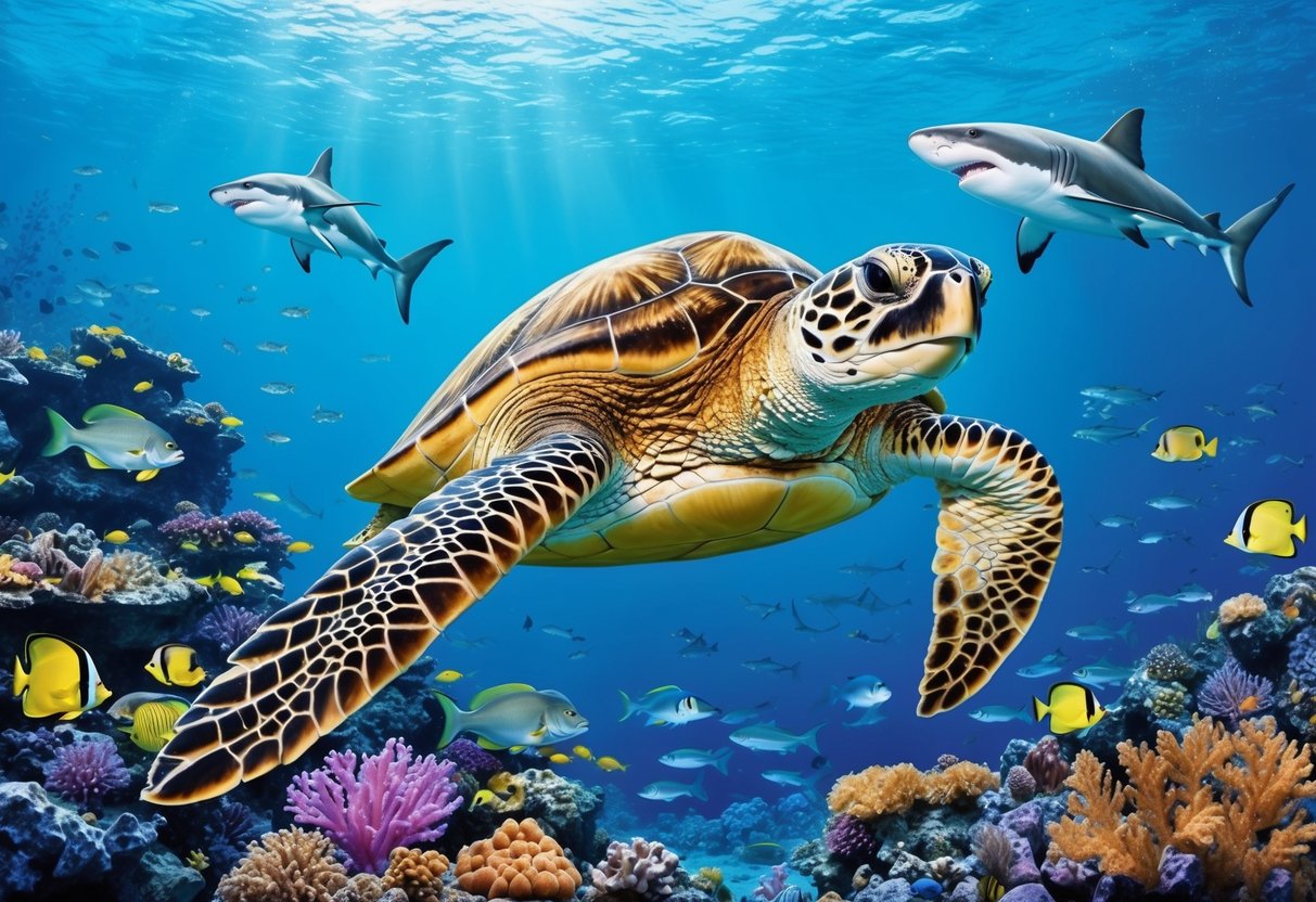 A giant sea turtle swims through a vibrant coral reef, surrounded by smaller fish and marine life.</p><p>A shark lurks in the distance, eyeing the turtle as potential prey