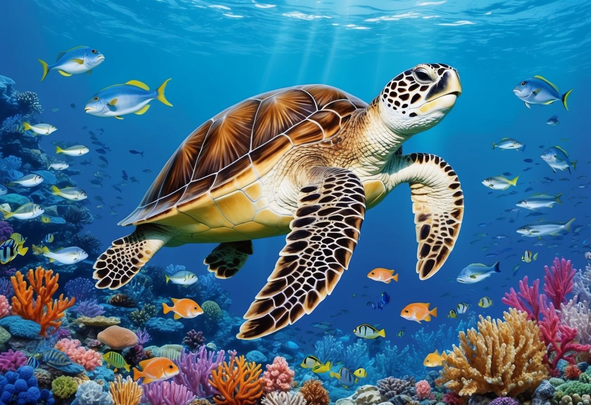 A giant sea turtle swimming through a colorful coral reef, surrounded by smaller fish and marine life