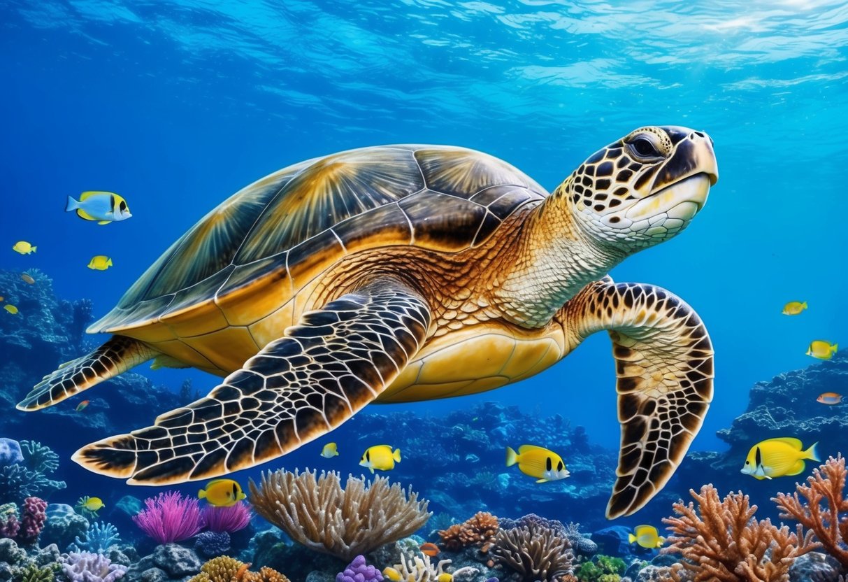 A giant sea turtle gracefully swims through a vibrant coral reef, effortlessly gliding through the water with its powerful flippers