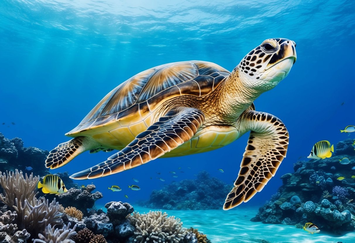 A giant sea turtle swimming gracefully through a coral reef, its streamlined body and large flippers allowing it to navigate effortlessly through the water