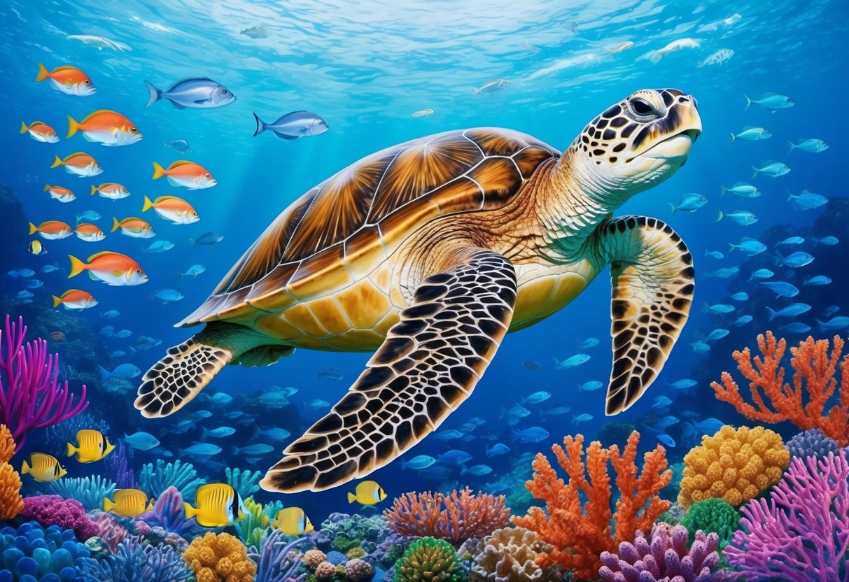 A giant sea turtle gracefully swims among colorful coral reefs, surrounded by schools of vibrant fish