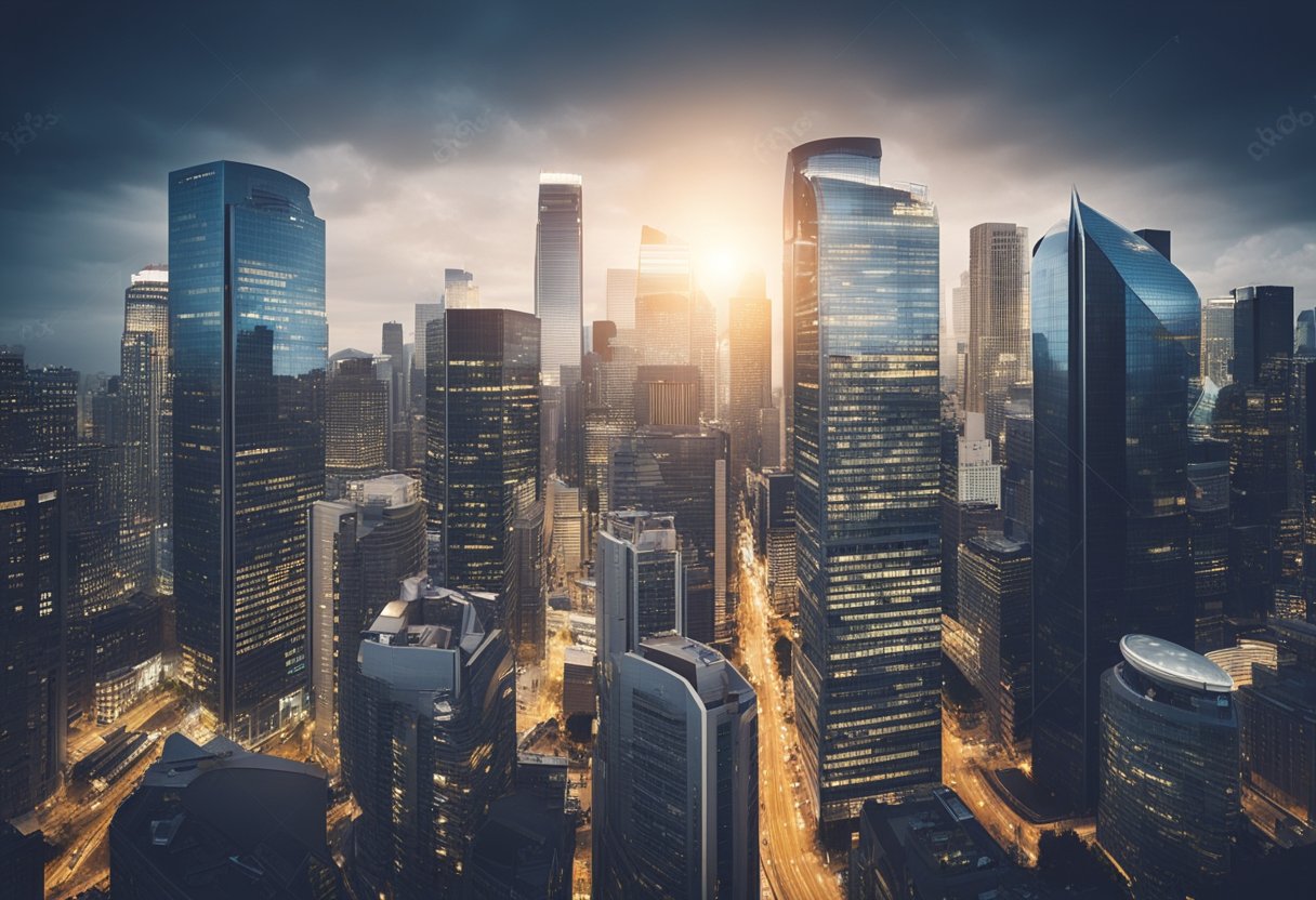 A bustling city skyline with towering office buildings, each representing a top software development company in the world