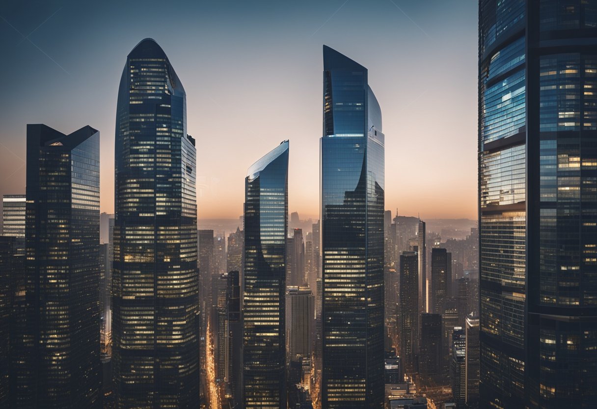 A bustling city skyline with towering skyscrapers housing the headquarters of the top 10 biggest software development companies in the world