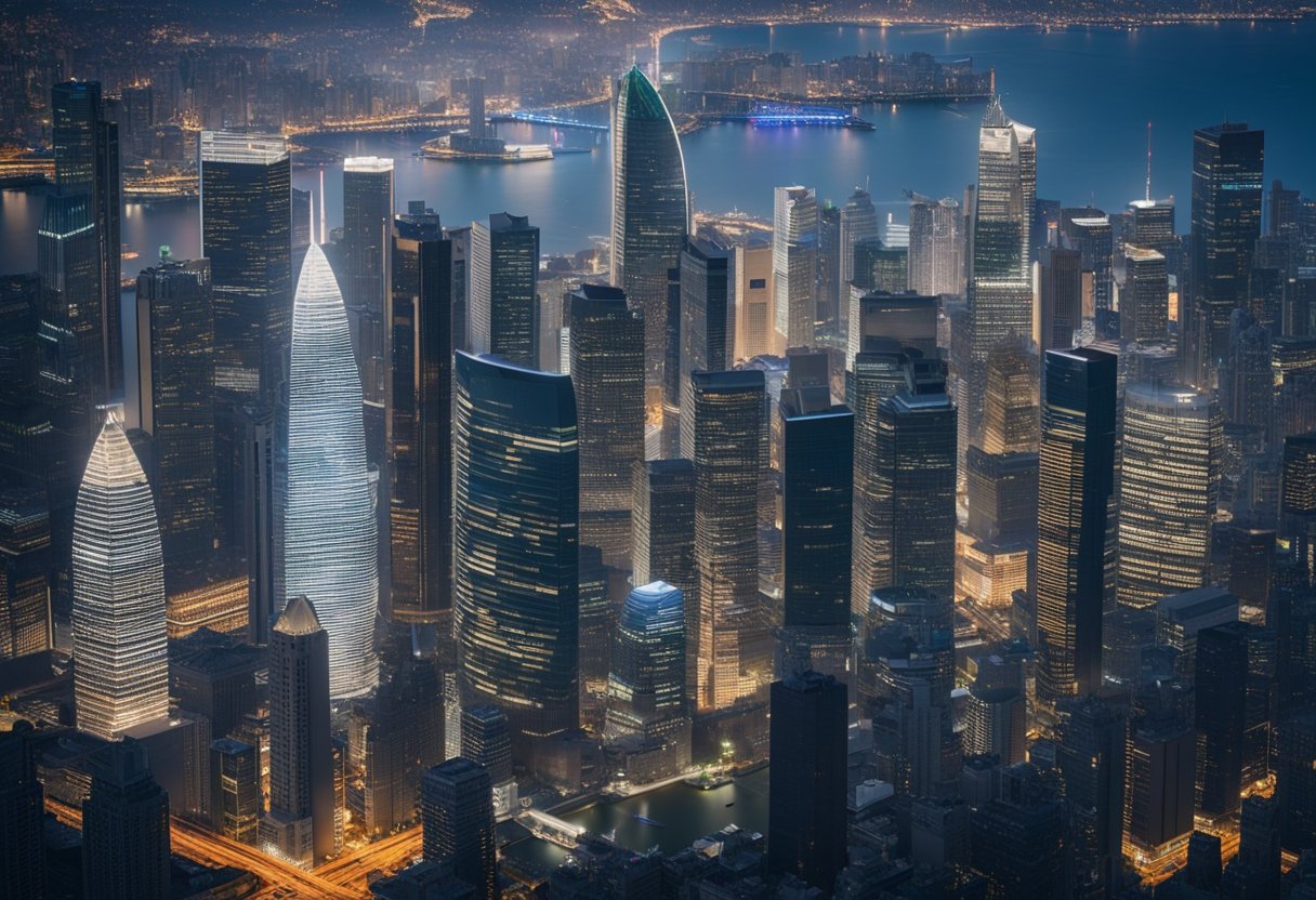 A bustling city skyline with ten towering buildings representing the biggest software development companies, surrounded by a web of technological influences and market trends